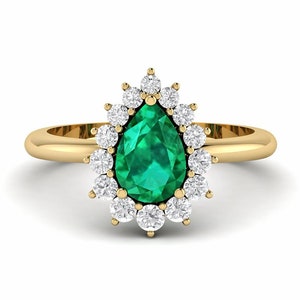Vintage Emerald Engagement Ring Lab Created Emerald Pear Shaped Bridal Ring Art deco Wedding Ring Anniversary Promise Ring Halo Ring