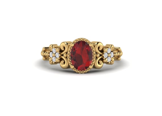 Anello Vintage Regolabile Con Pietra Rossa Granato In Rame - Gioiello Antico Per Donne, Fidanzamento O San Valentino - 3