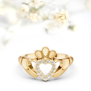 Claddagh Heart Ring Irish Engagement Ring for Women Moissanite Claddagh Wedding Ring, Wicca Ring Promise Ring Vintage Ring anniversary Gifts
