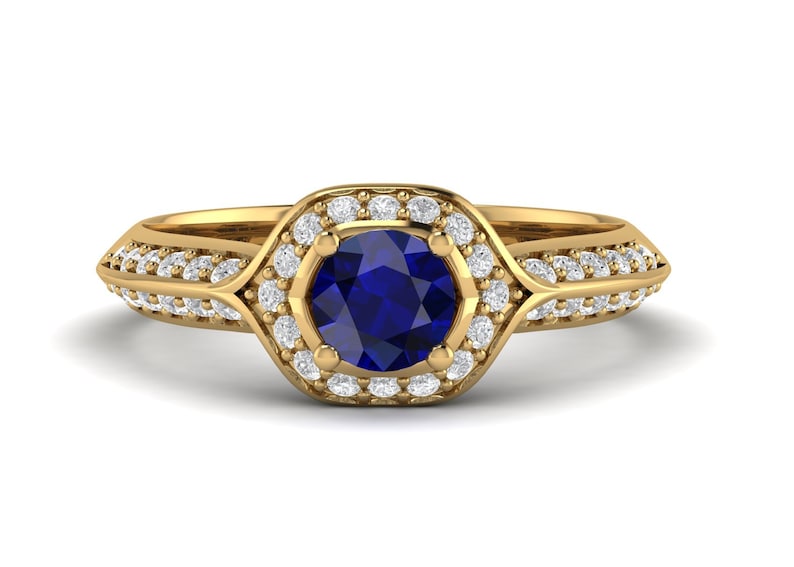 Blue Sapphire Engagement Ring 14k Solid Gold Bridal Art Deco Wedding Ring Promise Ring for Women Vintage Anniversary Birthday Gift For Her