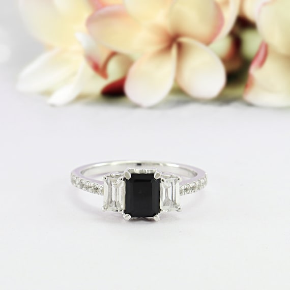 Black Onyx Emerald Cut Engagement Ring Three Stone Ring