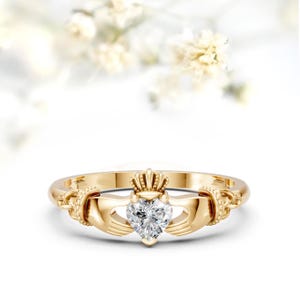 Dainty Moissanite Claddagh Irish Engagement Ring for Women Gold Claddagh Wedding Ring Wicca Ring Promise Ring Vintage Claddagh Rings