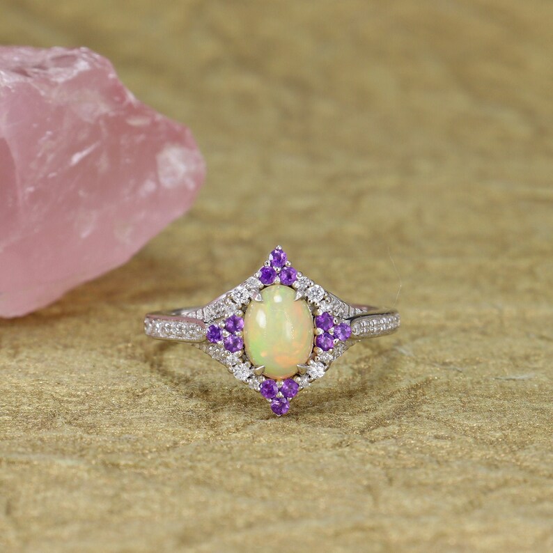 Opal Engagement Ring Amethyst Promise Ring October Birthstone Etsy