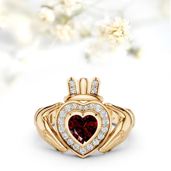 Bague Claddagh femme or grenat bague de fiançailles de mariage