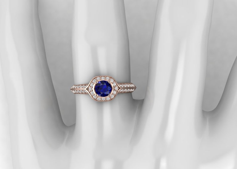 Blue Sapphire Engagement Ring 14k Solid Gold Bridal Art Deco Wedding Ring Promise Ring for Women Vintage Anniversary Birthday Gift For Her
