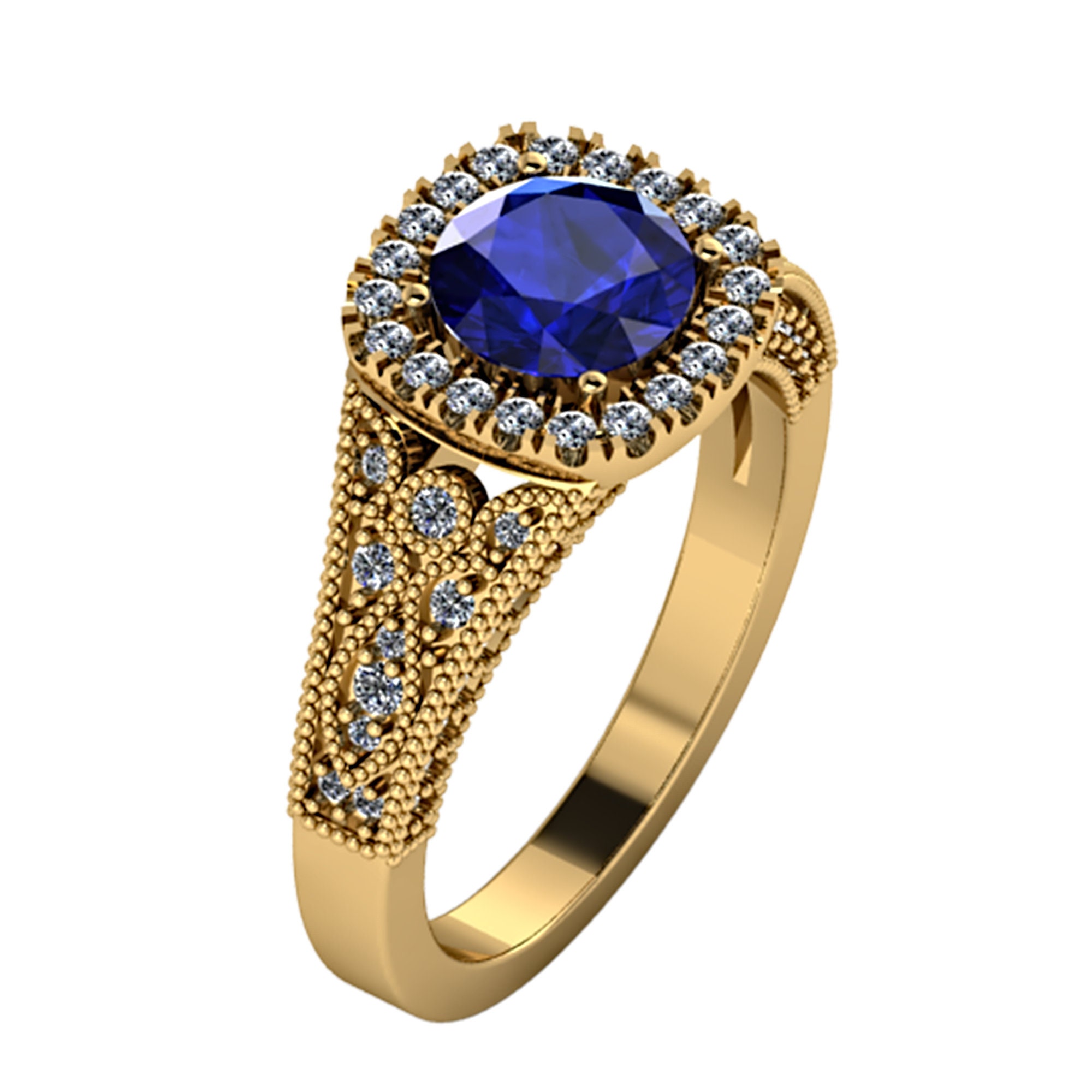 Vintage Art Deco Ring Round Lab Created Sapphire Engagement Etsy UK