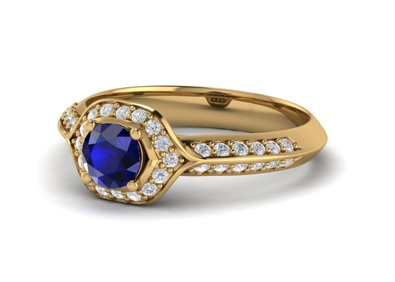 Blue Sapphire Engagement Ring 14k Solid Gold Bridal Art Deco Wedding Ring Promise Ring for Women Vintage Anniversary Birthday Gift For Her