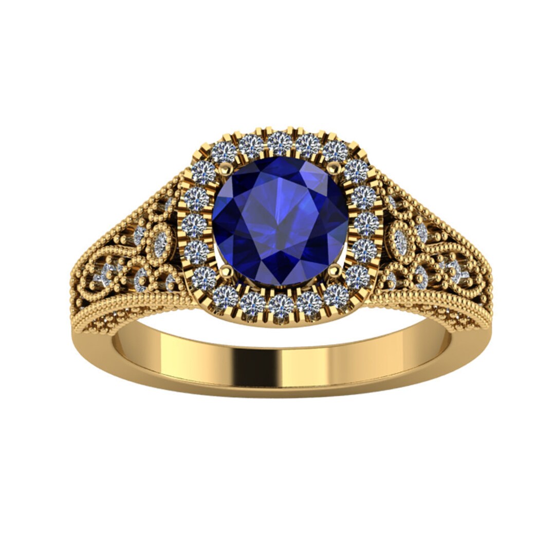 Vintage Art Deco Ring Round Lab Created Sapphire Engagement Etsy UK