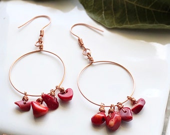 Hoop Earrings with Red Coral Beads, Long Boho Earrings, Red Earrings, Dangle & Drop Earrings, Holiday Gift, Christmas Gift, Birthday Gift