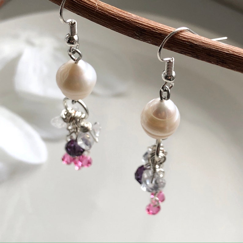 Pink Dangle Earrings with Baroque Pearls and Pink Swarovski Crystals, Valentine's Day Gift for Girlfriend, Pink Earrings, Chic Earrings image 7