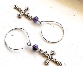 Dangle Earrings With Silver Tone Cross Pendants, Cross Jewelry, Baptism Gift For Girls, Religous Gift, Chic Earrings, Purple Beaded Earrings