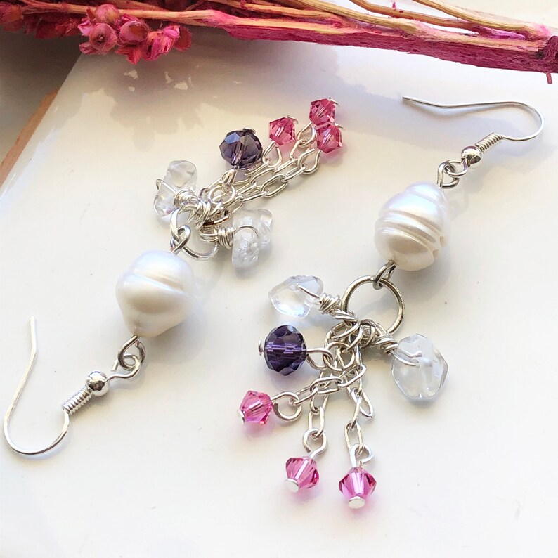 Pink Dangle Earrings with Baroque Pearls and Pink Swarovski Crystals, Valentine's Day Gift for Girlfriend, Pink Earrings, Chic Earrings image 5