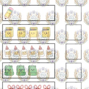 Puede incluir: Una hoja de trabajo educativa Back to School Counting con filas de ilustraciones de útiles escolares que incluyen un lápiz, cajas de crayones, pegamento, mochilas y tijeras, con casillas vacías para escribir números al lado.