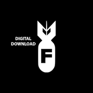 Puede incluir: Gráfico blanco de una bomba con la letra «F» en su interior, sobre un fondo negro. Las palabras «DESCARGA DIGITAL» están a la izquierda del gráfico de la bomba. Imagen para productos digitales.