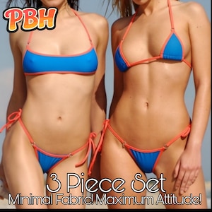 Neon Reef - Blue & Neon Orange Micro Bikini Set – Bijou Mini + Lanai Top 3PC – Extreme Minimal String Bikini, Tie Side G-String