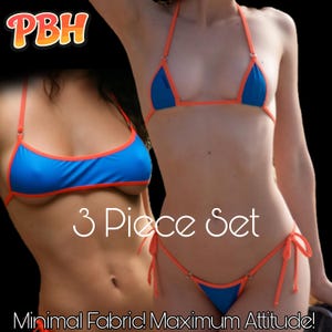 May include: A blue and orange bikini set featuring a triangle top and side-tie bottoms. The text PBH, 3 Piece Set, and Minimal Fabric! Maximum Attitude! is displayed on the image. The swimwear has thin orange straps and blue fabric panels.