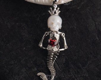 Sterling Silver Mermaid Skeleton Necklace: Pearl Skull Pendant