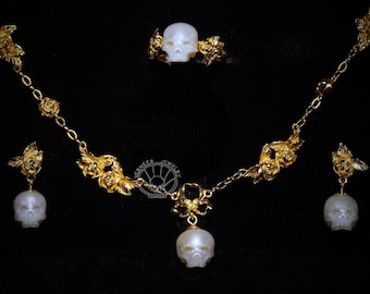 Schmuckset: Handgeschnitzte Perle: Gothic Rose, Sterlingsilber