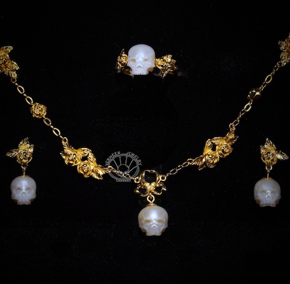 Hand Carved Pearl Skull Jewelry Set: Gothic Rose, Sterling Silver
