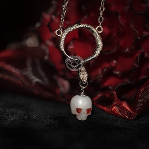 skull pearl snake necklace sterling sliver wedding necklace  gift for lover gothic freshwater Pearl skull jewelry for Bridal