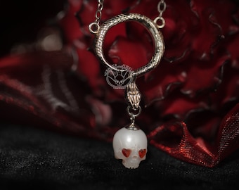 Skull Pearl Snake Necklace: Sterling Silver Gothic Bridal Jewelry
