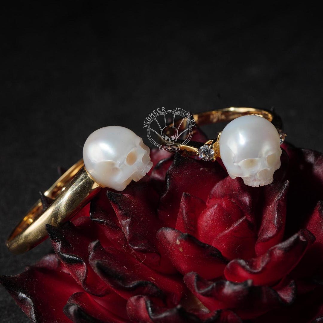Gothic Pearl Rings 18K Gold Pearl Carved Skull Ring,couple Ring,diamond Engagement Ring ...