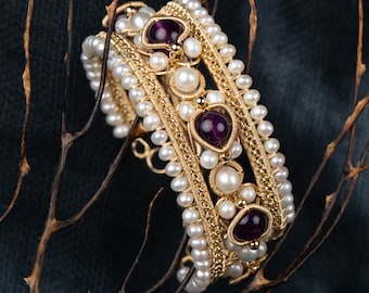 wire wrapped pearl bracelet 14k gold filled amethyst bangle gorgeous handmade gift for woman Memento Mori Mourning Jewelry