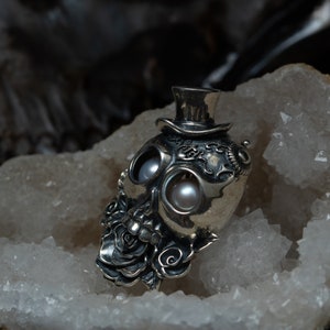 Sterling Silver Skull Locket Pendant: Moving Pearl Eyes, Memento Mori Jewelry