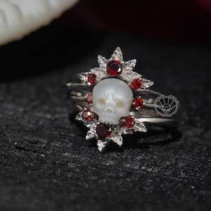 Pearl Skull Ring '' jungle dance'' with Crown 3 Pieces Silver Rings Gift for Her Gothic Jewelry Statement Ring stackable ring for Women