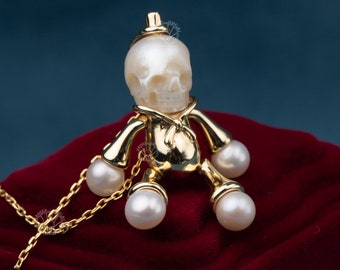 Skull Pearl Doll Necklace: Sterling Silver, Freshwater Pearl Pendant ''Crazy Jack''