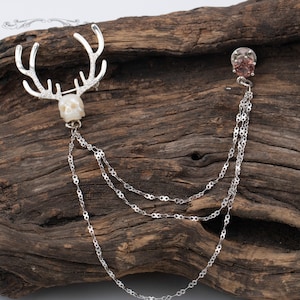 skull carved pearl  freshwater pearl handmade 925sterling silver deer shape with thailand diaspore gem  collar pin gift for wedding