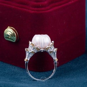 pearl carved ring rose shape silver ring with zircon handmade 925 silver ring  bridal gift  statement ring for wedding