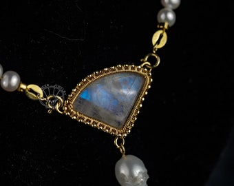 skull pearl necklace heart shape necklace-moonstone necklace-spiritual gift- 14K Gold Filled Jewelry - Wire Wrapped Necklace