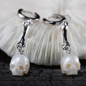Hand Carved Skull Earrings | Freshwater Pearl Earrings | Skull Stud Earrings |Gothic Skull Jewelry | Minimalist Earrings| Skeleton Earring