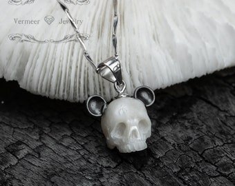Collier et bague de perles tête de mort en forme d'ours, gravure à la main, collier de perles d'eau douce en argent sterling, bague gothique pour mariage