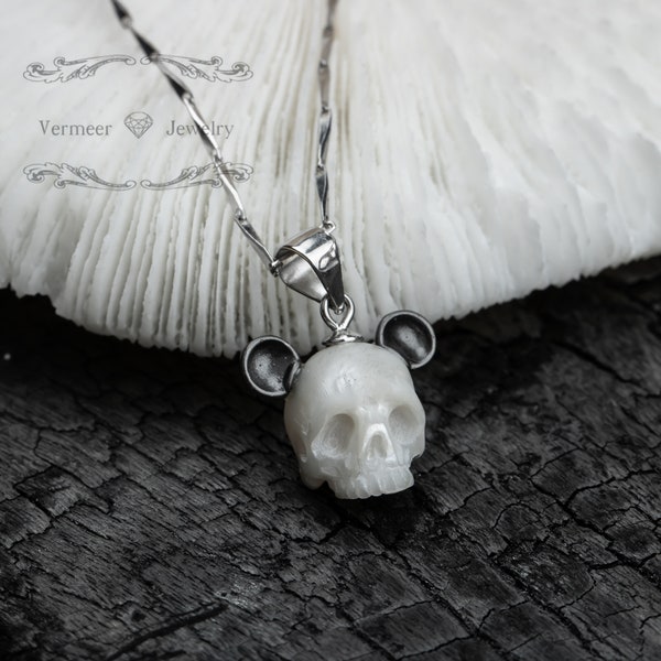 skull  pearl necklace and ring cute bear shape hand engraving freshwater pearl sterling silver necklace gothic ring for wedding