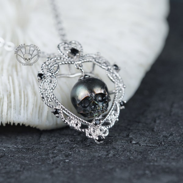 Colliers coeur et âme d'amour pour femme Collier de perles sculptées avec tête de mort, cadeau pour elle, collier de mariage de perles d'eau douce, cadeau de la Saint-Valentin