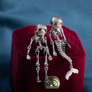 Mermaid and Gentlemen Skeleton moveable Earring Gift for Her Skull Pearl Earrings for lover Gothic Earring for wedding Sliver pearl Earring image 9