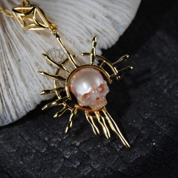 Skull Carved Pearl Necklace: Sterling Silver Dream Catcher Pendanthalloween jewelry