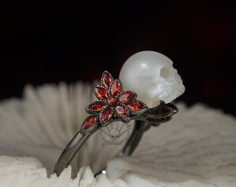 skull pearl ring "red tear" balck ring natural freshwater pearl handmade engagement ring with zircon for wedding promise ring Wedding Band