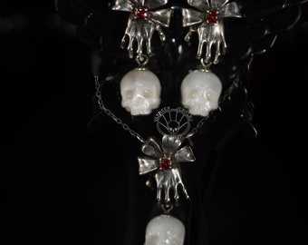 Cráneo perla mano nudo forma joyería conjunto tallado a mano perla de agua dulce hecho a mano joyería gótica regalo para mamáHalloween joyería regalo para ella