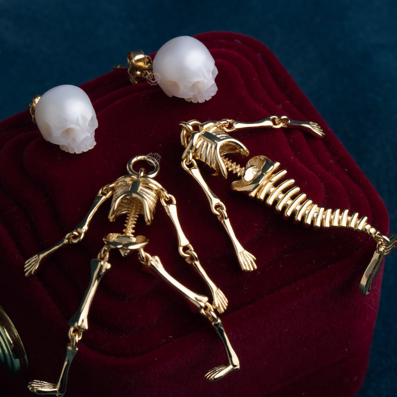 Mermaid and Gentlemen Skeleton moveable Earring Gift for Her Skull Pearl Earrings for lover Gothic Earring for wedding Sliver pearl Earring image 3
