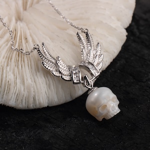 skull necklace handcarved pearl with wings freshwater pearl pink purple or ivory  sterling silver necklace for wedding