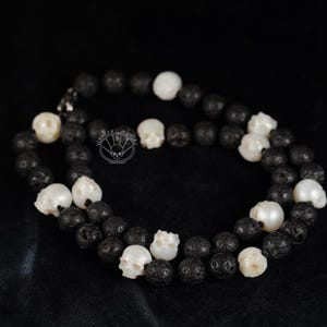 skull carved pearl necklace volcanic rock gothic freshwater Pearl skull jewelry for Bridal gift for lover Memento Mori Mourning Jewelry