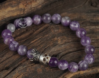 skull carved pearl bracelet grey freshwater pearl  with natural amethyst energy bracelet Memento Mori Mourning Jewelry