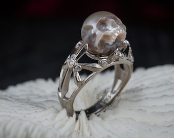 skull carved pearl ring "sigh under the star '' handmade jewelry for promise ring Wedding Band gothic ring Promise Rings Her Him