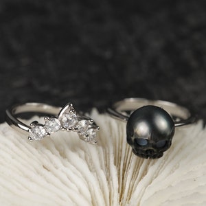 Pearl Skull Ring ''Be My Queen'' with Crown 2 Pieces Silver Rings Gift for Her Gothic Jewelry Statement Ring stackable ring for Women image 10