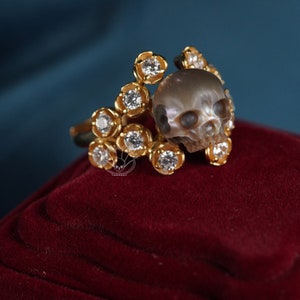 Gothic Pearl Rings Pearl Skull Ring With Shining Gem Flower Sterling Silver Rings Gothic ...