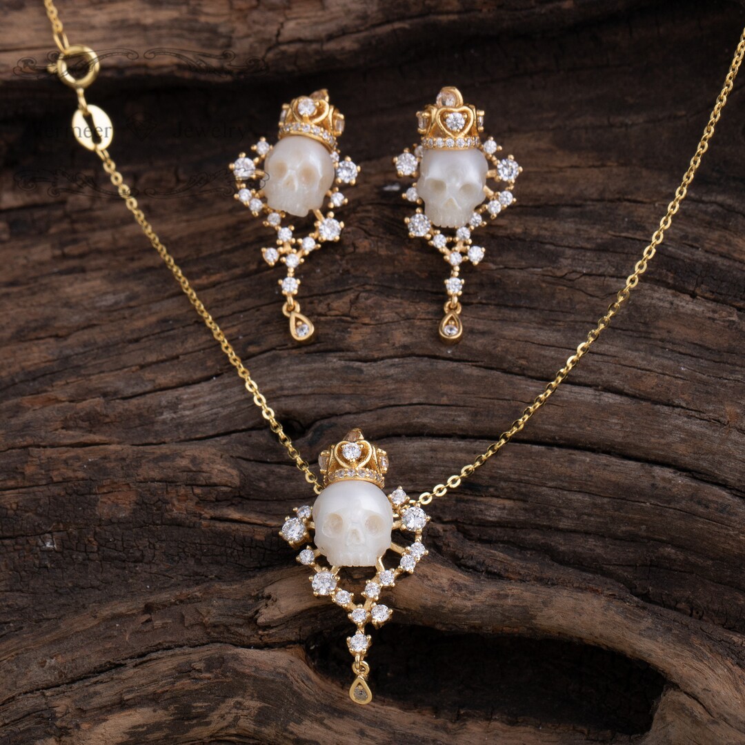 Skull Pearl Jewelry Set Sterling Sliver Earring With Zircon Heart Shape ...