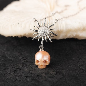 skull necklace handcarved pearl with sun freshwater pearl pink purple or ivory  sterling silver necklace for wedding